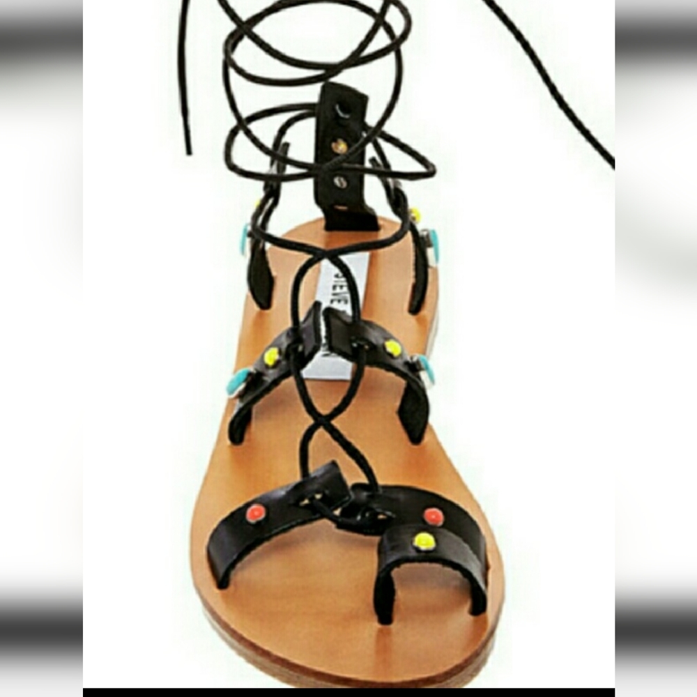WRAPPED STRAPPY ITALIAN LEATHER SANDALS UPPER CAGED TIE UP  BLACK/MULTIPLE